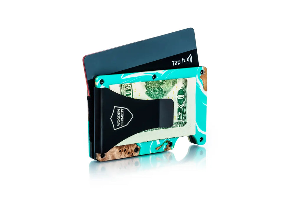 Wood & Resin Smart Wallet - Turquoise & White